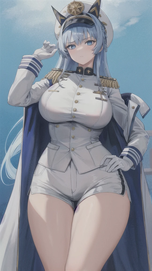 1girl, large breasts, thick thighs, wide hips, blue jacket, yellow eyes, white hair, horizontal stripes, striped bikini, smile, happy, light smile, long hair, open jacket, bikini, 2d, anime style, anime screencap, epaulettes, (blue stripes), hourglass figure