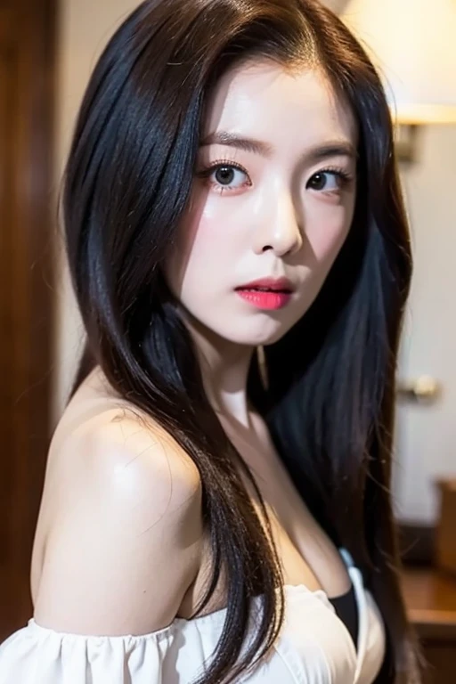 , (Mature body), Solitary,Long gray hair,black hair color, Off-shoulder, black eyes,1 Sister,A sexy pose,best quality,masterpiece,light,Extremely exquisite and beautiful,CG,Unite,8k wallpaper,Astonishing,detailed,masterpiece,Official Art,The content is very detailed Cg Unite 8k wallpaper,Extremely ridiculous,Huge file size,ultra - detailed,high resolution,The content is very detailed,Beautiful and delicate girl,Practical,full,Hotel Room,Light Contrast, Lopez, fully body photo, full, White under underwear