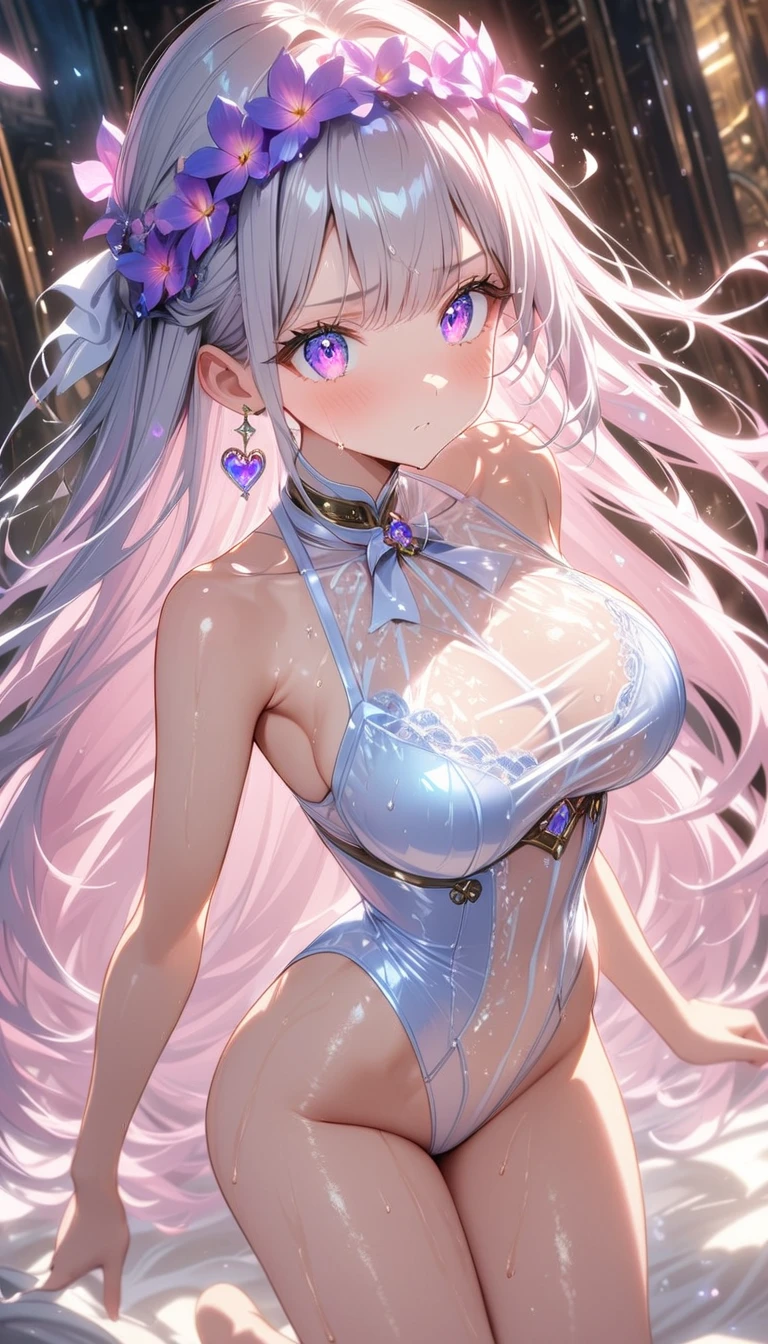 （（（ＳＦＷ、sound、Highest quality、first class、masterpiece、Normal body、8k、Detailed face、Ultra-precision、Normal hand、通常のrefer to、５refer to、Highest）））、beautiful girl、Silver Hair、Odd Eye（（Emerald、brown））、Shortcuts、Bobcut、Small breasts、High leg leotard、Colorful frill mini skirt、Bright ribbon on the right side of the head、Frill ribbon on chest、Large frill ribbon on the back、Shirai Hinako - Blue Reflection、Transform、Magical girl、blush、Inject an aphrodisiac、Estrus、Scared、Feeling embarrassed、Open your mouth、Tentacle Collar、Bondage、Bind with tentacles、Restrained by tentacles、Tentacles spread and bind her arms、Tentacles spread and bind legs、180 degree split、開脚Bondage、触手Bondage、Crucifixion、Giant tentacles、Tentacle Monster、Tentacle restraint、Tentacles entangled all over the body、tentacles entangled in the chest、Tentacles entangled in the crotch、Tentacles entering the mouth、触手にCrucifixionにされる、Heart Eyes、Watery eye、Infatuated、Ahegao、Pleasure Fall、pleasure、The costume is torn、Her clothes were ripped apart by the tentacles、The Pleasure of Tentacles、Captive of the Tentacles、Lots of tentacles、Tentacle World