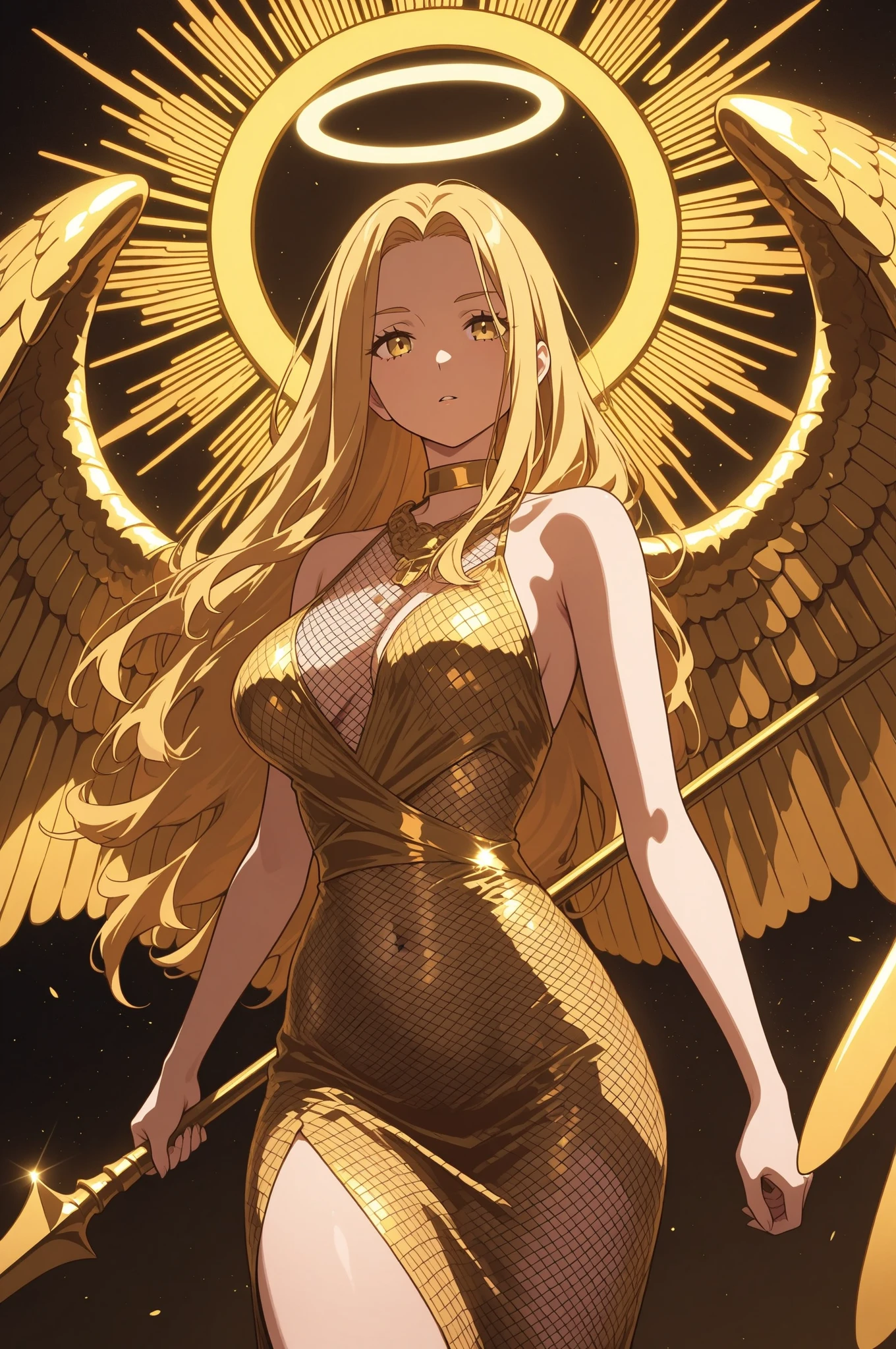 Naked golden angel brunette woman with a golden jacket and golden wings