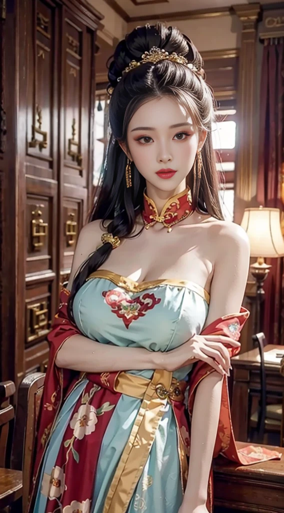 best quality, masterpiece, highres, (exquisite body:1.5),gorgeous face,(milky skin:1.3),intricate details,high resolution,wallpaper,
1girl, solo, dress, hair ornament, (((gold and red dress))), flowers, long hair, brown hair, closed mouth, jewelry, long sleeves, hand up, wide sleeves, big eyes,floating hair, chinese clothes, hanfu, embroidery, long skirt, natural pose, falling petals, indoor,fanning, lantern,
16K,HDR,highres,depth field,(film grain:1.1),boken,golden hour,(lens flare),vignette,rainbowing,(color grading:1.5)

((fullnude)), (Spread legs:1.3), see legs,  slender leg, sleep in bed, bird eyes view