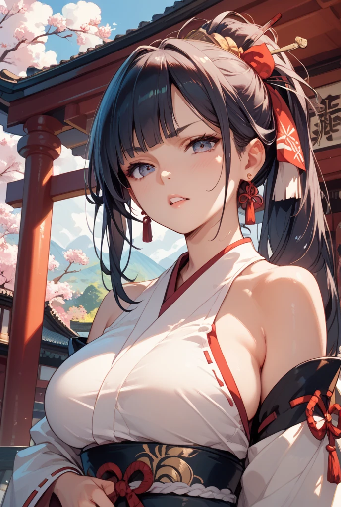 ((Yaemikodef)), closeup of a sexy, beautiful, sagacious, sly fox lady with ((side )) in an exquisite, elegant, and fashionable sleeveless shrine maiden dress, near picturesque and serene shrine surrounded by sakura blooming trees.