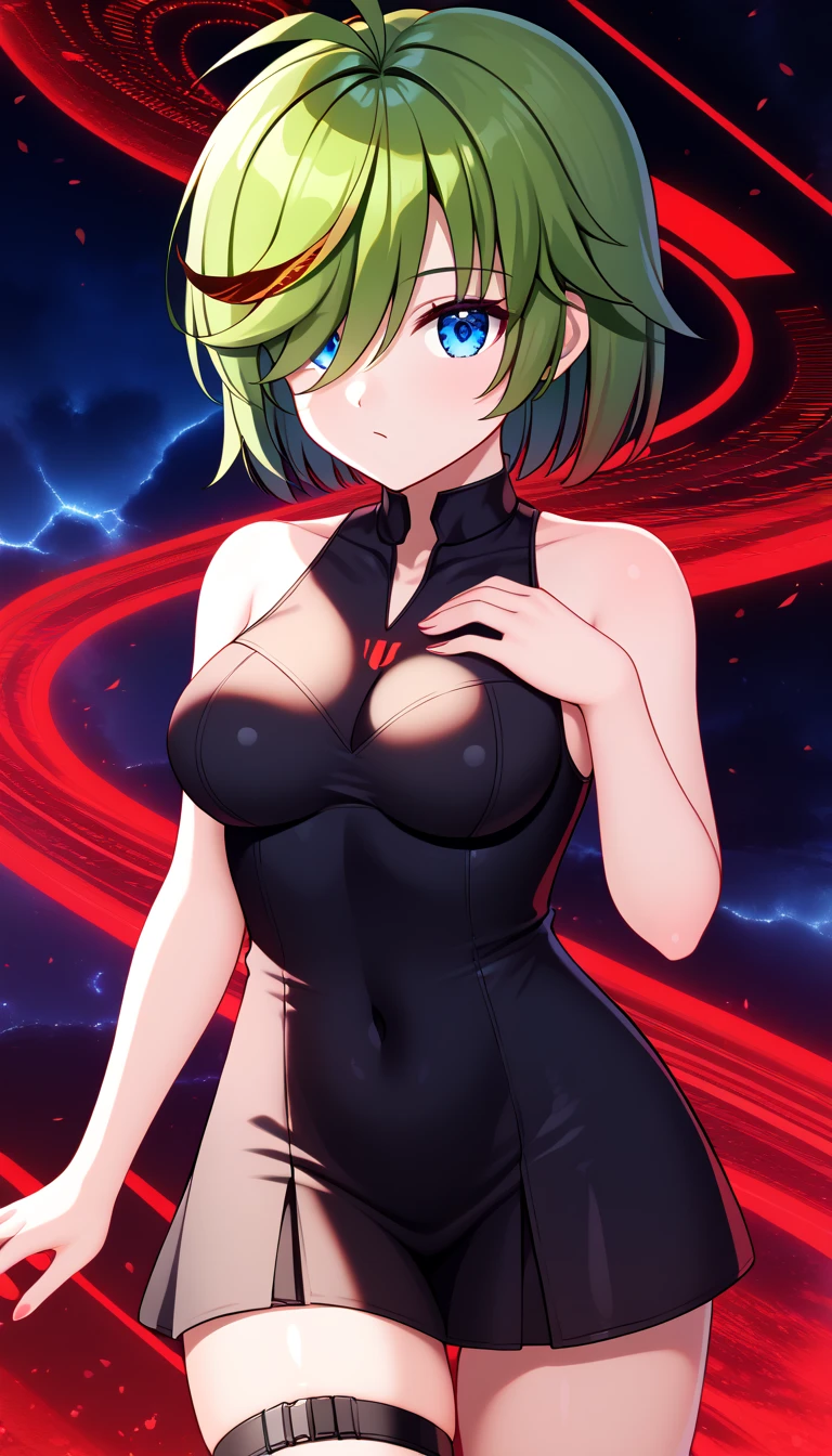 1girl, long blue green hair, pink eyes(glowing), thick figure, voluptuous, pale skin(extreme), black dress, chiaroscuro, stone ruins, cosmic, Galaxy in water, from above, 8k, absurdres, best quality