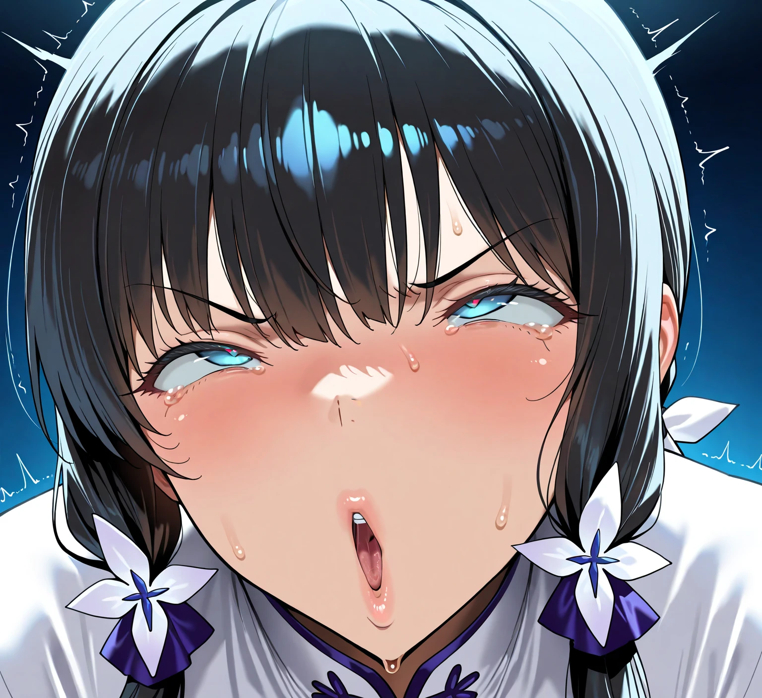 nsfw,pov,kneeling,1 girl,black hair,Tongue out,Androgynous,medium hair,sidelocks,Covered nipple,legs,masterpiece,best quality,very aesthetic,absurdres,upper body,straight-on,large,Covered,Smile,(upturned_eyes),From above,cum in Tongue,Ahegao,attractive,(Bukkake:1.5),(happy),(Steam:1.3),(Open Mouth:1.3),(Gym Uniform),(White shirt),(heart:1.3),(trembling),(Text Background),(face on penis:1.3)