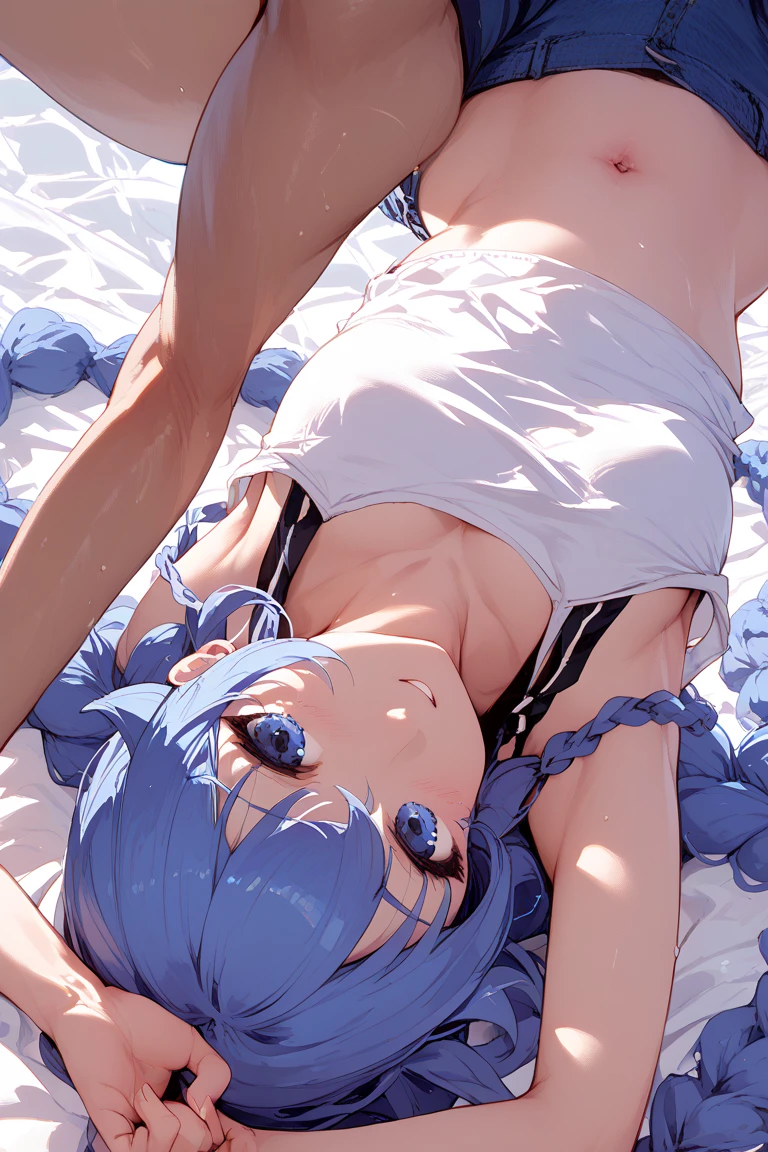 NSFW,masterpiece,Highest quality,High resolution,Super detailed,Star Town Suisei\(Hololive\),Blue Hair,One Side Ponytail,Blue Eyes,Small breasts,White leotard,High leg,Removable sleeves,Micro Mini Skirt,garter belt,belly button,Brothel,Brothel,Luxury Bedroom,Embarrassed,(Expecting face),(Strong-faced men),Lying down,Lying on your back,Raise your arms,Leg spread,(Body touch),(caress),From above