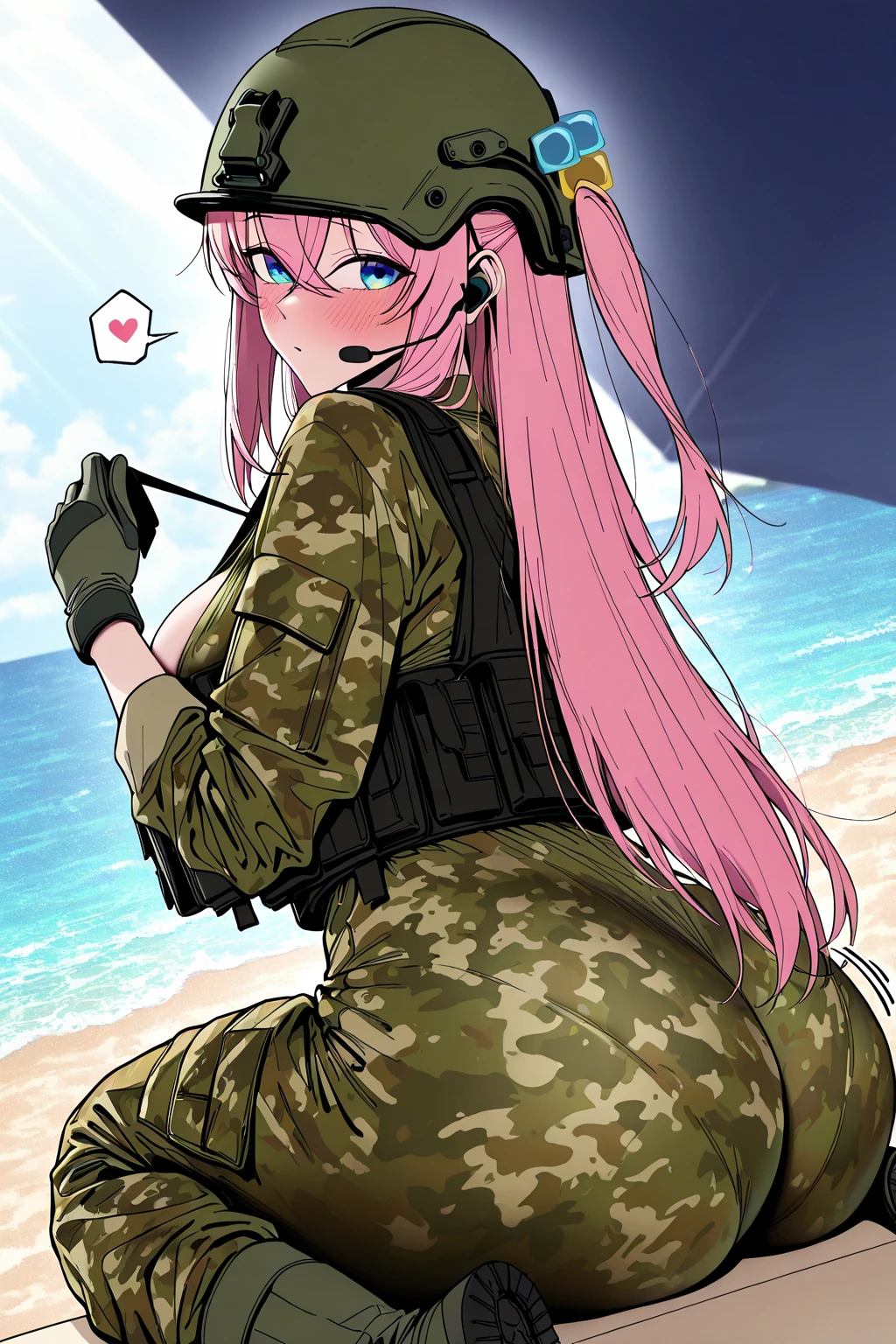 bootsnutes, <lora:bootsnutes3:0.6>, shirt tucked in, green shirt, t-shirt, camouflage pants, black belt, belt buckle, 1girl, wading, ocean, beach, partially submerged, :o, surprised, large breasts, wide hips
