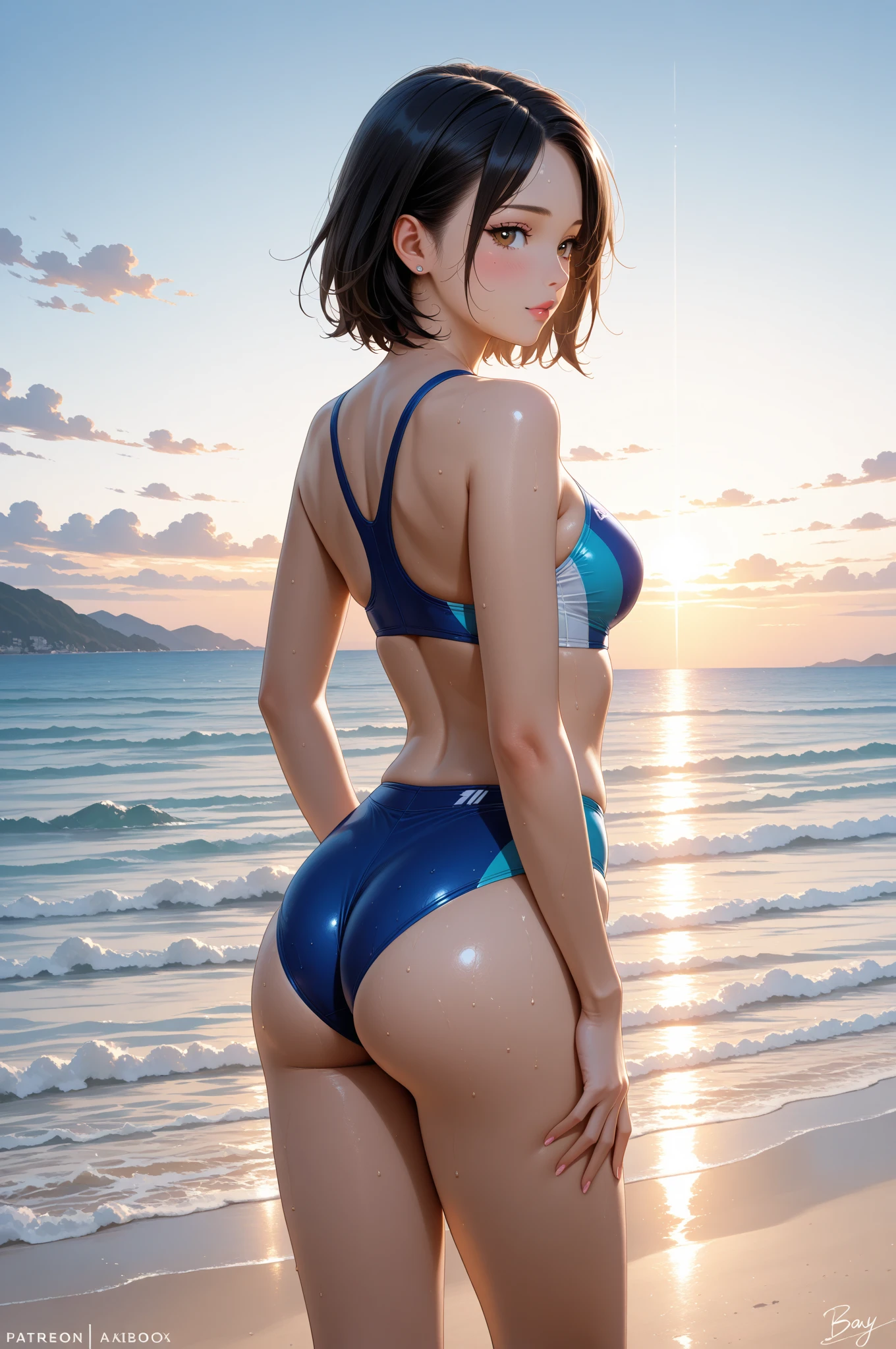 lighting like a movie、top-quality、1 Girl's Ass、Beach Volleyball Costumes、sand beach、full of sweat、nice butt、perfect buttocks、