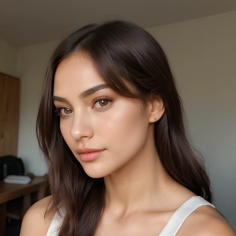 mulher araffed com longos cabelos escuros e um top branco, com pele parda, julia sarda, Ela tem pele marrom oliva, penteado liso, staring directly at camera, impeccable face, retratado dos ombros para cima, Retrato Sophie Mudd, franja de cortina de parte central, staring directly at camera, beleza de cair o queixo, Modelo da Victoria's Secret, mulher linda