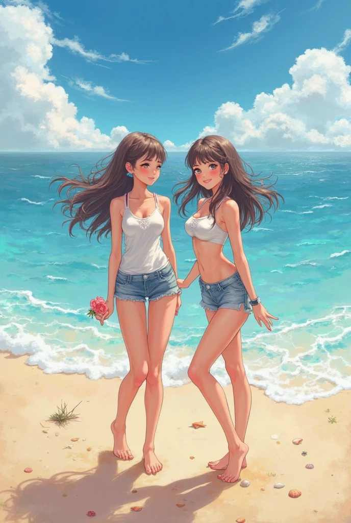 superflat, flat colors, 2girls, 19yo, slim, (small breast), (front view:1.3). long hair, two girls on a beach, sitting on the blanket, wearing striped bikini, (close up shot:1.1), young and slender, full color illustration, comics style art, watercolor