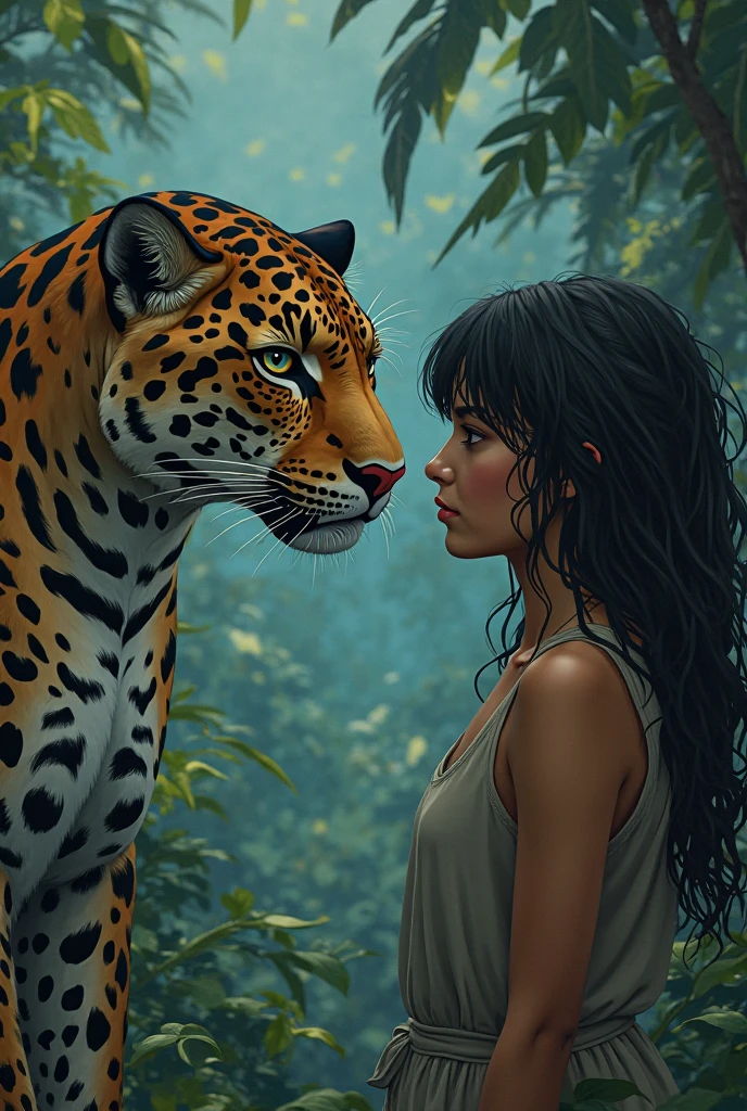 (((close up of face)))、in the jungle、Two Tigers, men and women, I'm relaxing、masterpiece, 最high quality, high quality, High resolution、((Hugging a tiger))