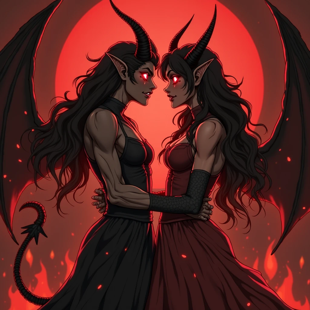 They are in your house、((Fire Magic))、Beautiful Japanese girl, Yuka、Dynamic fighting poses、horned girl, devil horns, elf ears, cleavage, thigh, short skirt, sexy, wide demonic wings