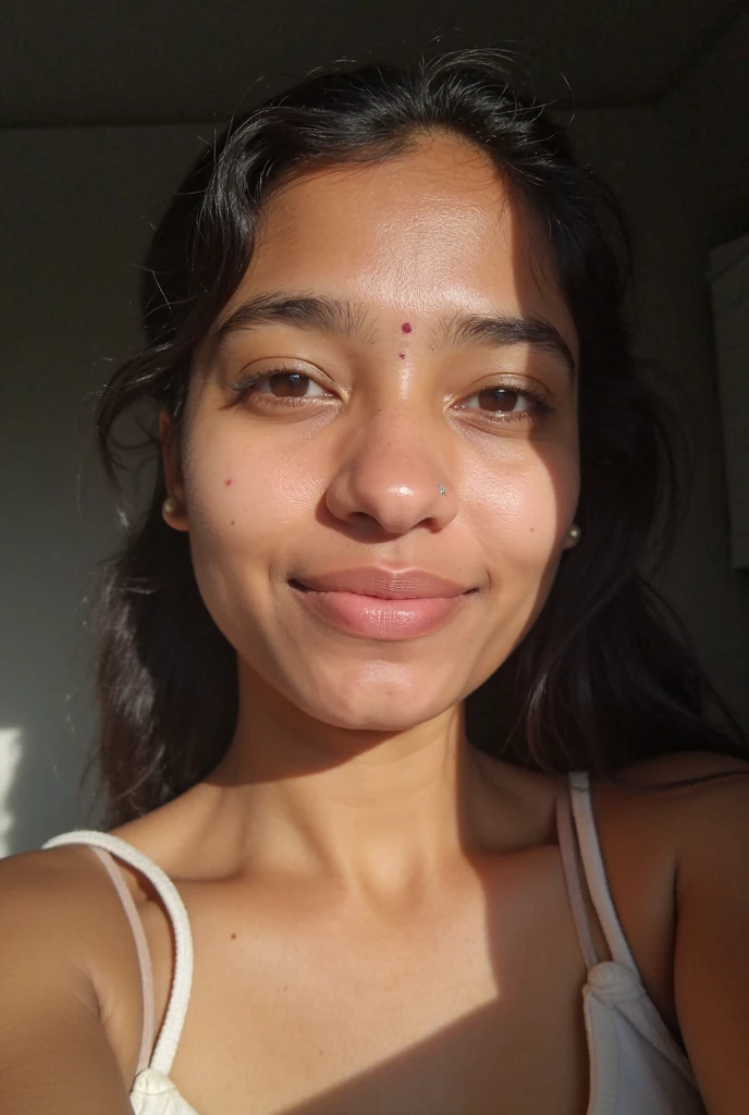 (girl:1.1)One Indian Kerala college girl 15 years old, beautiful girl inside house in Kochi ((upper body selfie, happy)),masterpiece, best quality, ultra-detailed, solo, intdoors,cheerful, happy,sweater, shadows, contrast,analog style (look at viewer:1.2) (skin texture) (film grain:1.3), (warm hue, warm tone:1), close up, cinematic light, sidelighting, ultra high res,upper body, wearing pullover