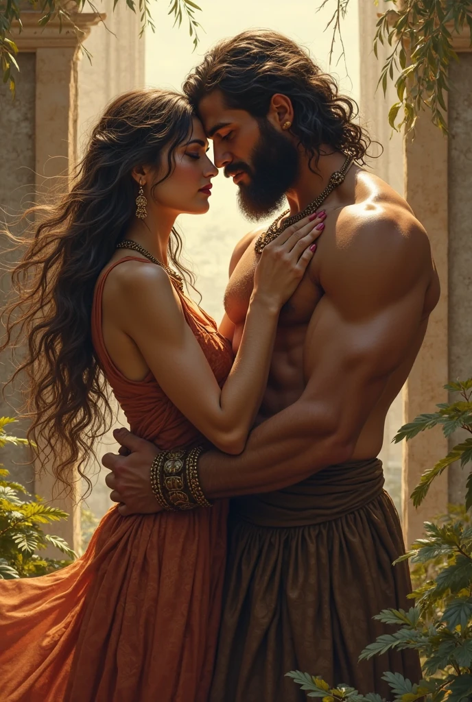 An Amazon warrior with a statuesque body and naked making love with a Greek man with a firm and muscular body and well endowed virilely