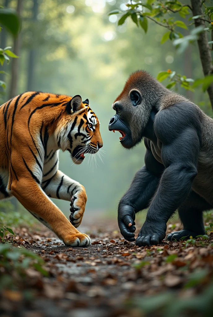 create a realistic image of a large forest, it will have a 3 meter tall orangutan fighting a tiger, Both must have an angry expression as they attack each other.