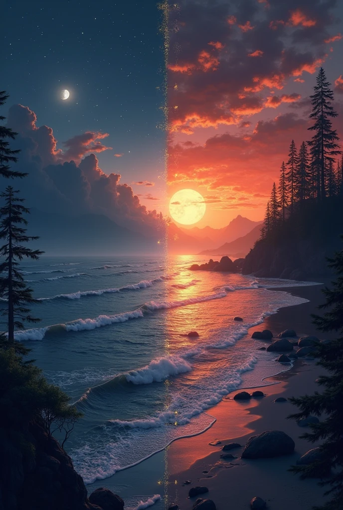 "A visually stunning masterpiece: a magnificent sunset with vibrant hues on the left and a starry night with a cool palette of colors on the right."