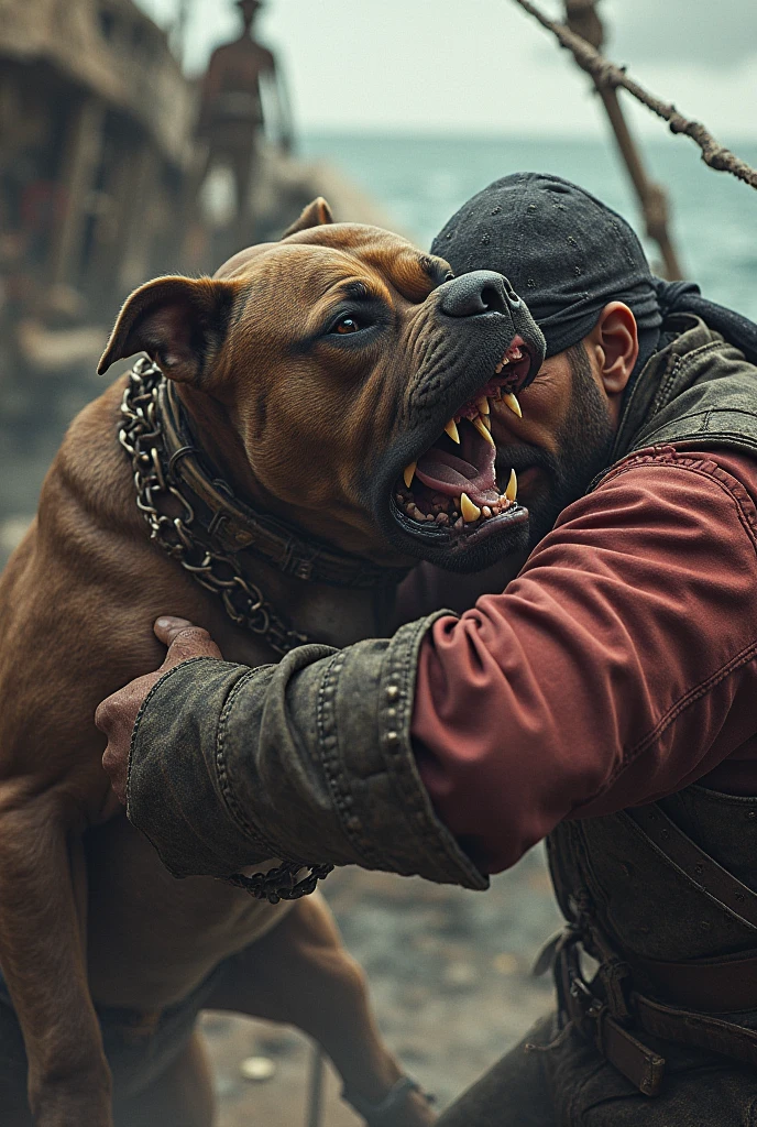 ANGRY PITBULL BITING A PIRATE