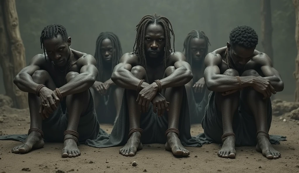 Three black slave men chained with shackles on their feet and necks, They are sitting on the floor, in a ship's hold in the dark