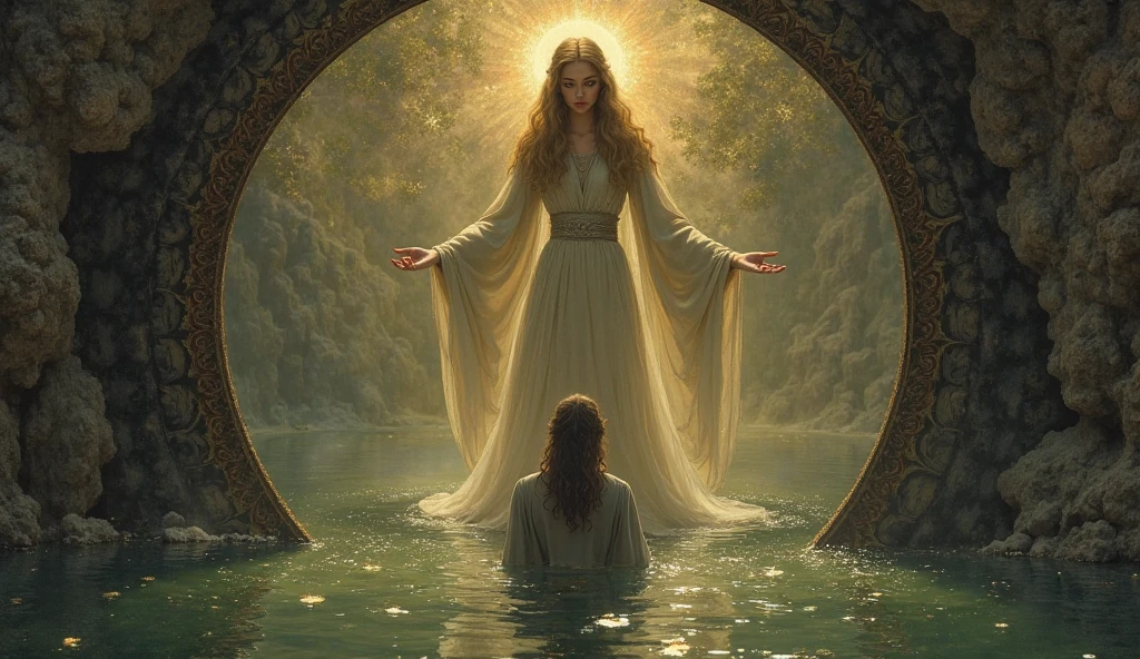 mother ganga appears from inside looking so beautiful Indian god
and humble and she wear well dress and she saw a young poor man sad sitting in river side