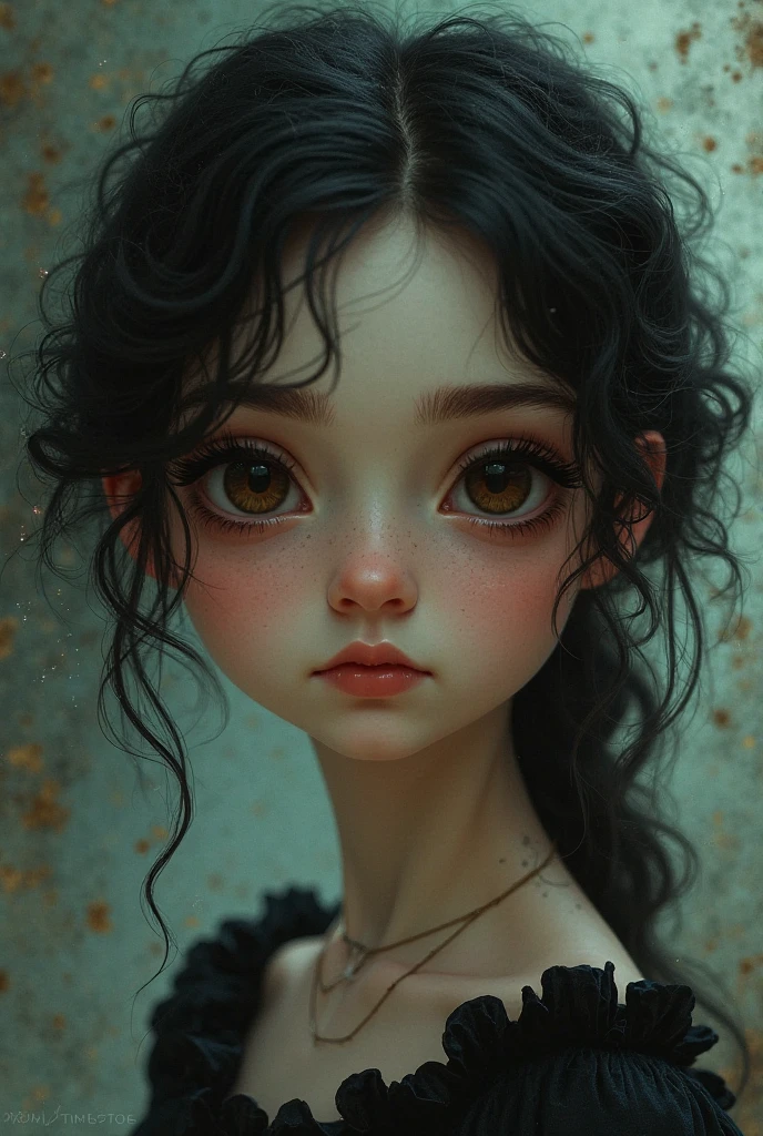 Estilo Pixar, Somber, Negativo, torcido, weird, ojos grandes, emily, retrato hiperrealista, Girl with the face of a 12-year-old girl, por tim burton