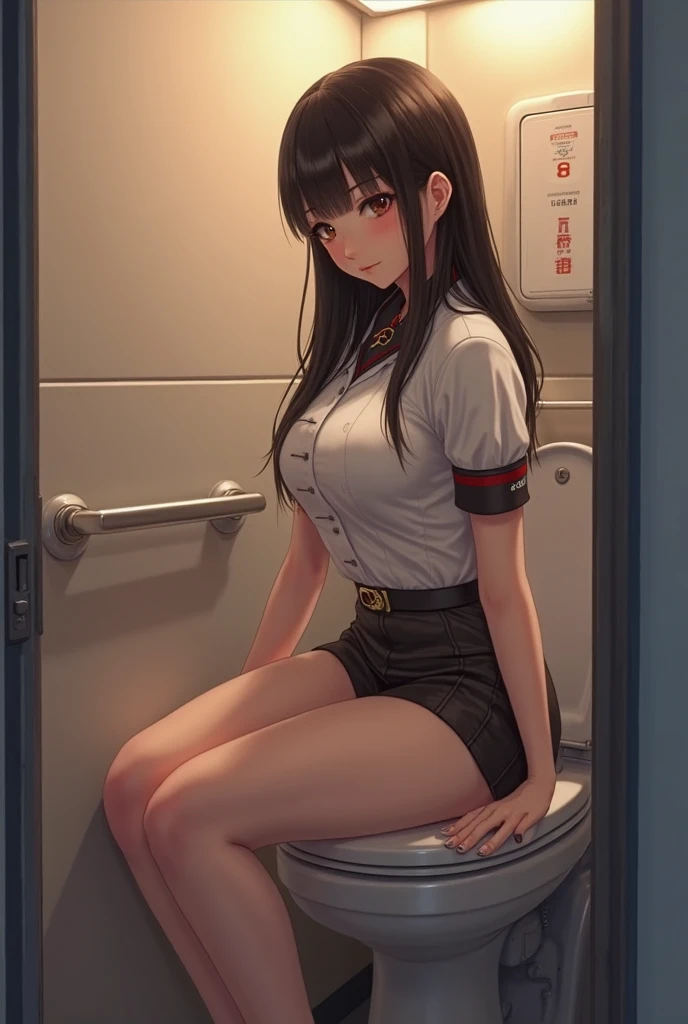 (((((Best Quality, 8K, 32K, masterpiece, 1.2)))),{{solo}},((nsfw:1.5)),{{{Character reference: Nikke's Diesel:1.5}}},((perfect beautiful face:1.2)), public toilet in train, sitting on toilet seat, wearing , peeing, leaking pee from pussy, half visible vivid pussy, a lot of public hairs, defiant look, embarrassed,
