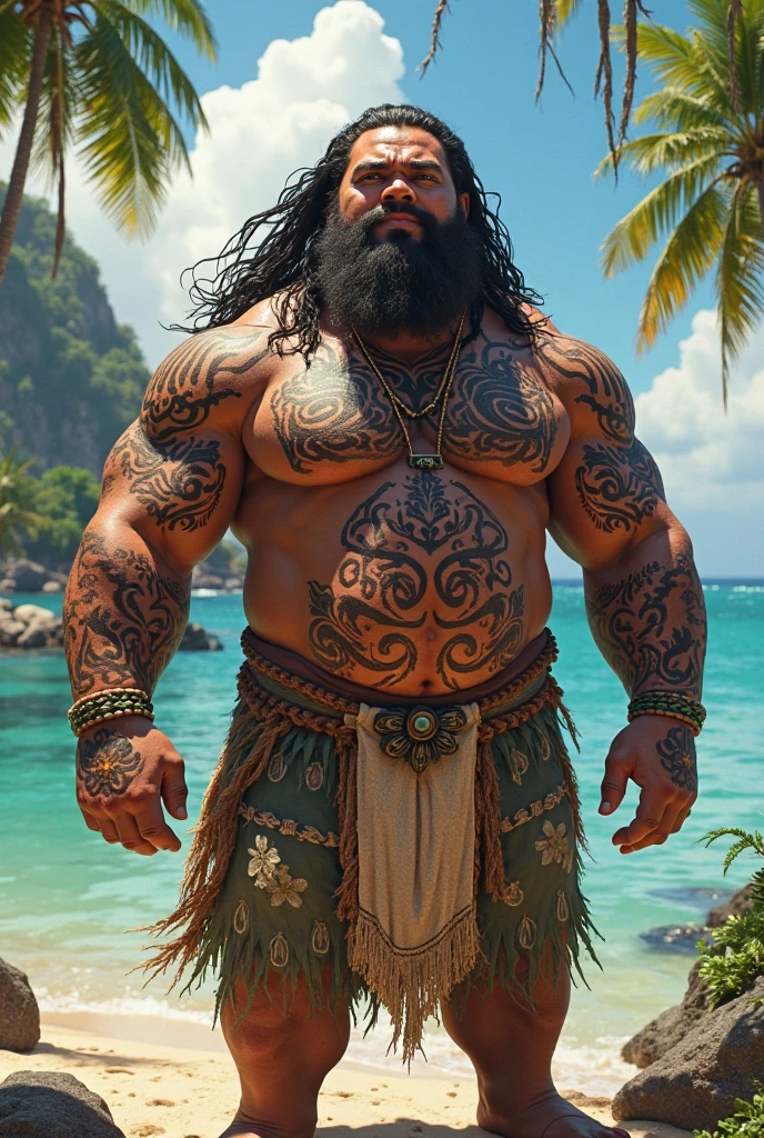 young fat beefy Polynesian in traditional costume, solo man, full body, shirtless, tattooed, at beach, low angle,