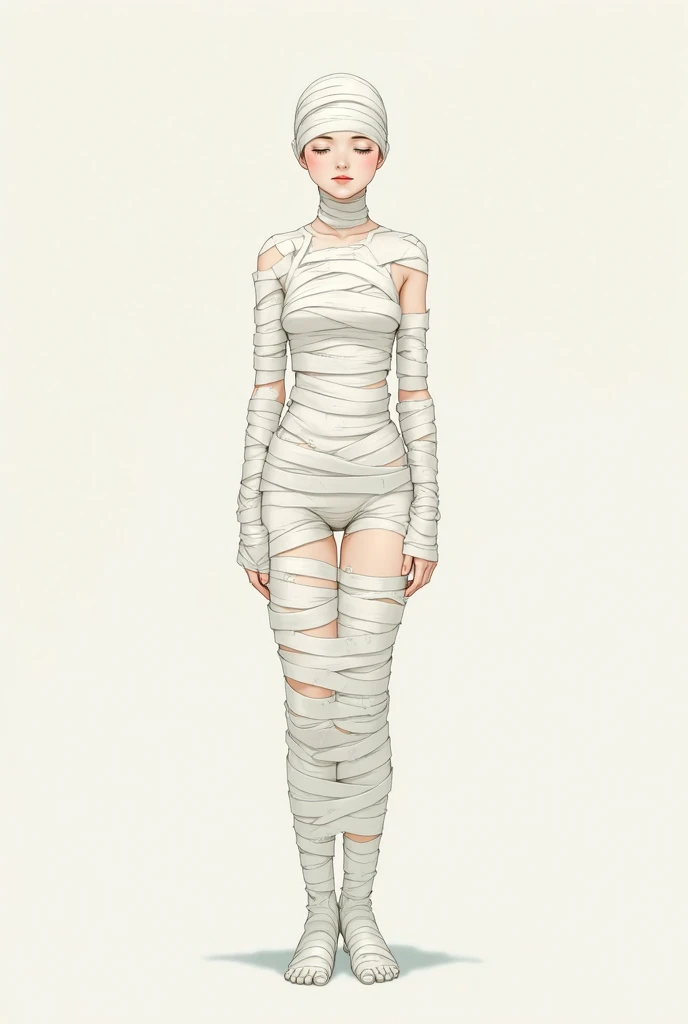 wraps around entire body, male, skinny boy, male, femboy, feminine male, effeminate, bulge, big bulge, mummy, one eye exposed, full body, full_body, simple background, standing, bandages around entire body, arm wraps, leg wraps, body wraps, face wraps, wrapped completely in bandages, solo, hair over one eye