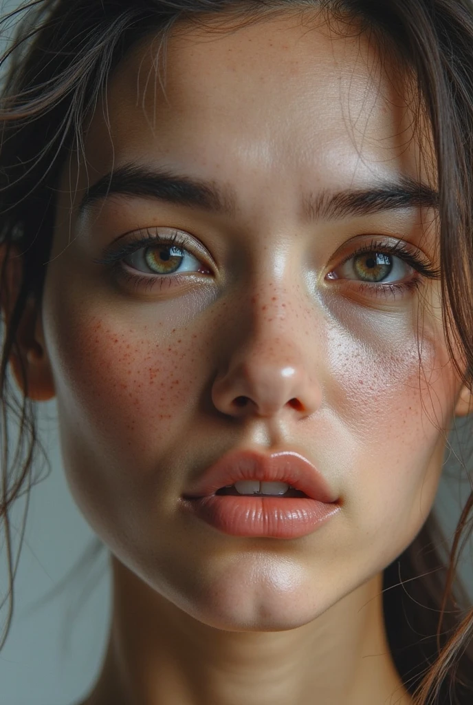 Masterpiece, Superior quality, [instead_eyes], ultra detail, fog, NSFW, (Expressionless) , portrait young woman, White skin, Raven haired, slim, cara slim, eyes the color of honey, Red cheeks, pink lips, small eyes, upturned and thin nose, thick and big eyebrows, with few and small freckles on the nose, long wavy hair