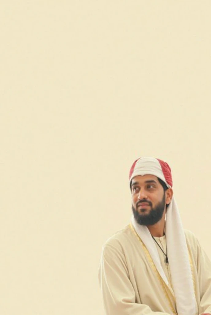 Make this photo look realistic and detailed, a man with a white hat and wearing white muslim shirt and red scarf on neck, an arabic, very detailed potrait, realistic portrait photo, profile portrait, very detailed face, very realistic face, very perfected face, very detailed clothes, very realistic clothes, very perfected clothes.