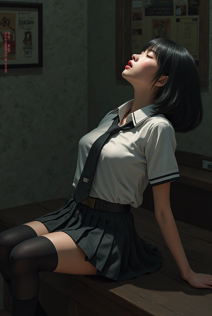 (full figure:1.1), (1 girl as yukino yukinoshita:1.5), highres, solo, big breasts, waist long black hair, (twintails:0.5), (pleated school miniskirt:1.5), (black knee-high socks:1.5), (loose red ribbon:1.2), (cotton skirt:1.5), (unbuttoned white shirt:1.4), (ahegao:1.5), green eyes, (rolling eyes:1.5), (torn clothes:1.5), (naked breasts:1.5), spread legs, (squatting :1.1), legs wide open, (in a cinema:1.2), legspread