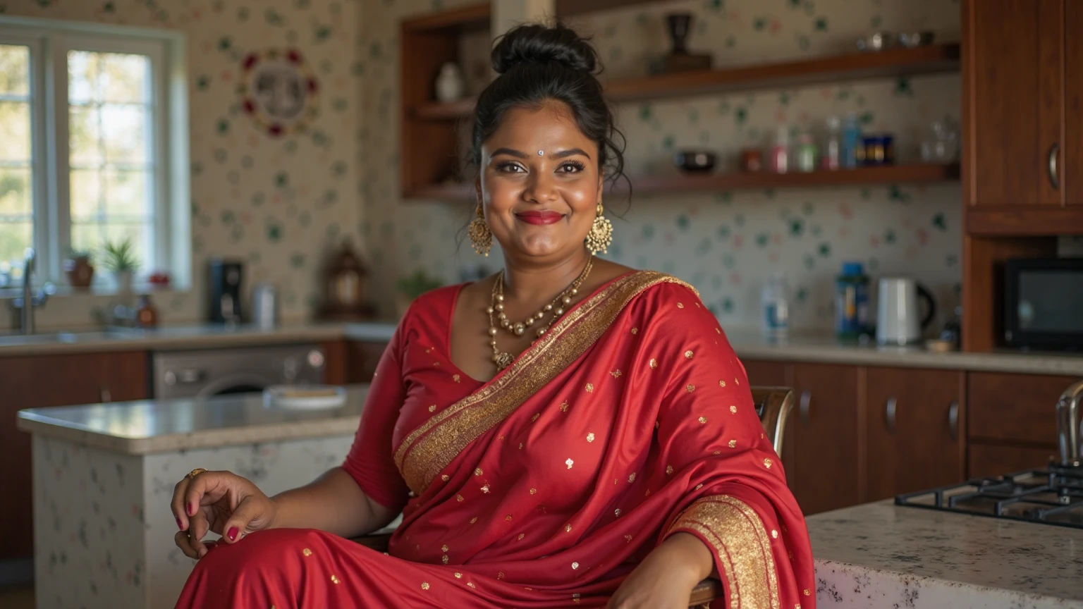 Hijab Indian curvy young female white fair skintone wearing sleepwear dress hijab scarf in kerala kitchen Realistic image. body figure looks like actress nithya menon.big breast. No carpet. No indoor plants. Front view. Wearing hijab scarf