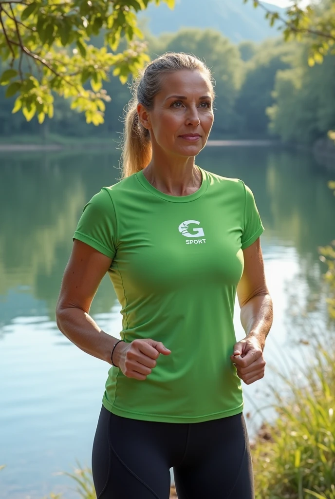 Modern woman infused with ancient athlete traits, running beside a river under a radiant sun, surrounded by spectators along the banks, wearing a high-performance outfit with Amazonian warrior motifs, lightweight breathable footwear highlighting her athletic physique and endurance, hyper-realistic photographic photo-realistic