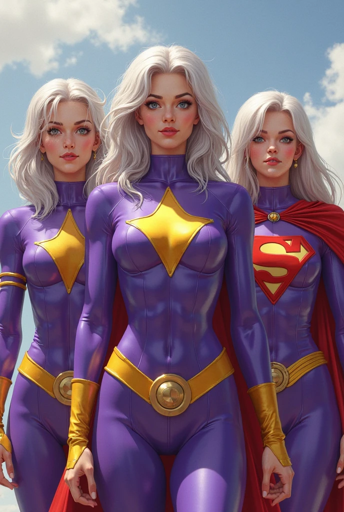 ((((3 women together)))), blonde, wavy hair, ((busty)), ((tight)) pink scifi suit, solar rays aesthetic, (sexy), solar angelic aesthetic, ((((shy, 18 yo), teenager, pretty face))), ((white superhero cape, sexy body shape)), ((wide hips))