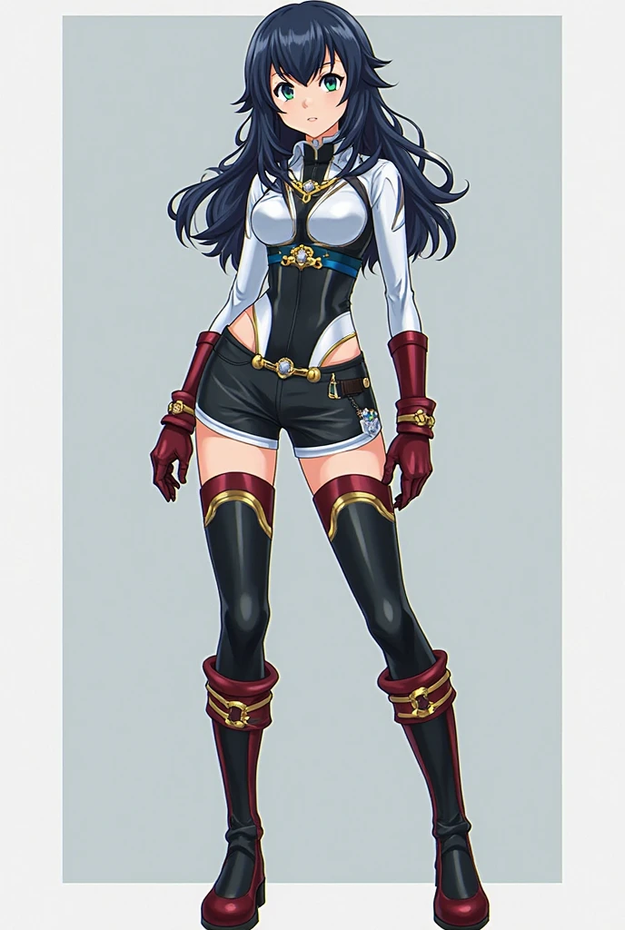 Uma folha de caracteres detalhada, com vista frontal, side view, and three-quarter view, contra um fundo branco, mostrando uma mulher negra de 29 anos com cabelo cacheado preto curto, usando botas altas e trajes futuristas de naves espaciais, The sheet encompasses varying angles — front, traseira, and side views—next to a model sheet and a reference sheet, all illustrating a full-body representation.