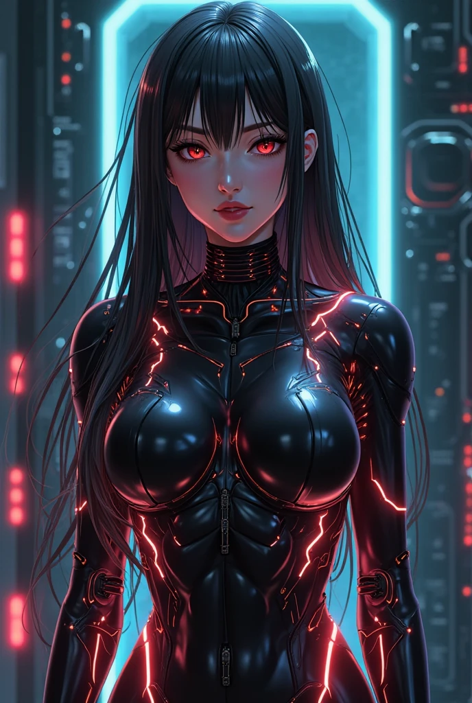On a dark background, blue electric charges form a stylized silhouette of a girl, bioluminescence, masterpiece, best quality, very aesthetic, absurdres, 1girl, mature_lady,,tifa lockhart, final fantasy, long black hair, red eyes,

