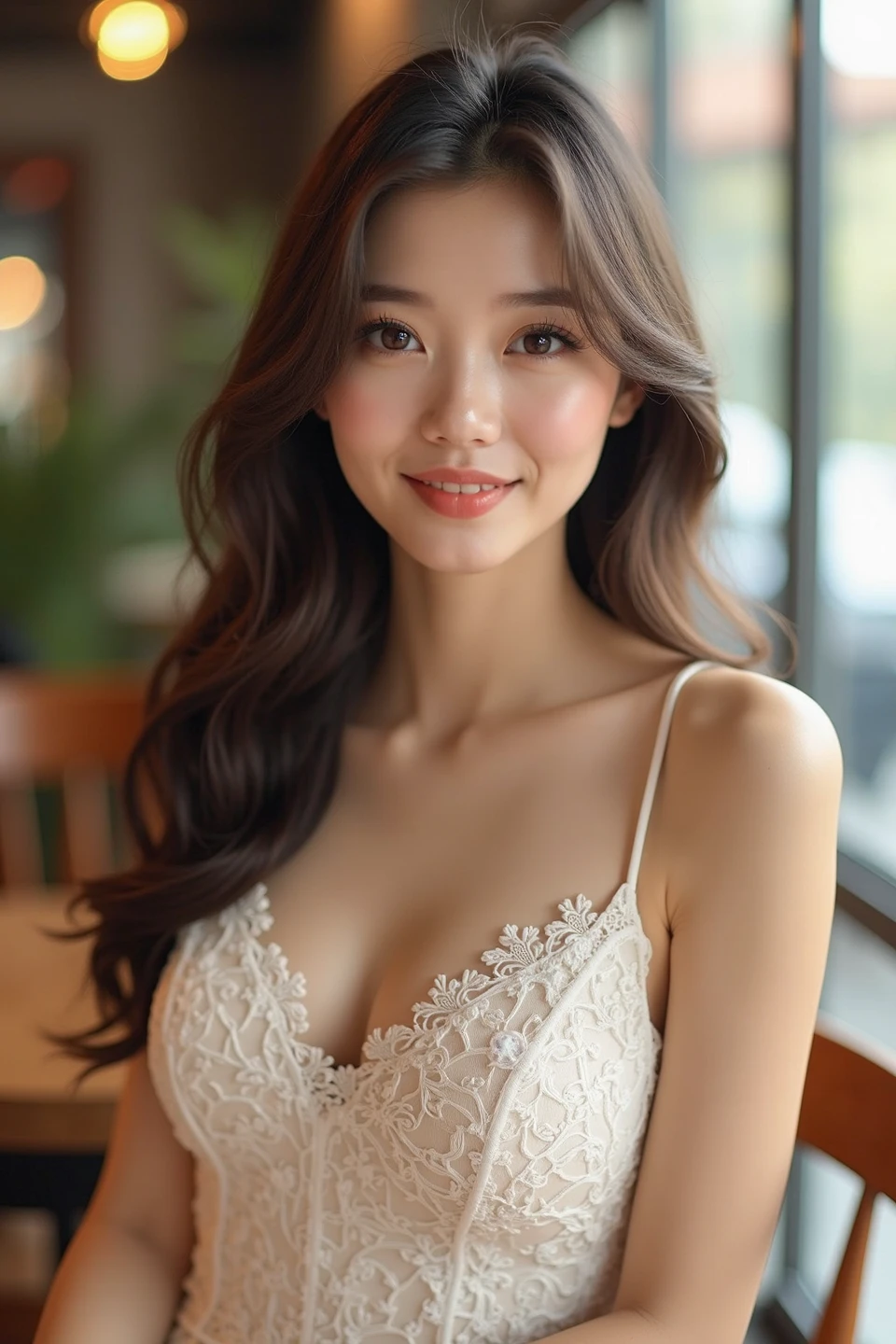 (8k, RAW photograph, highest quality, masterpiece:1.3),(Genuine,photograph:1.37),(Looking at the audience:1.331),Pause,One girl,とてもbeautiful顔,small,Hair weight,Fluffy hair,Random representation,Smile with the corners of your mouth,Big eyes,highest quality Hair,((highest quality)), ((masterpiece)), (detailed), whole body、wallpaper、Attention to detail、Perfect balance、Tight waist、Chestnut Hair、beautiful, Beautiful Skin、beautiful white skin、Russian Beauty、(masterpiece:1.3), 一眼レフphotograph、Best image quality: 1.4, (Rough long hairstyle:1.2)、Soft bust、Cleavage:1.4、Loose-fitting clothing