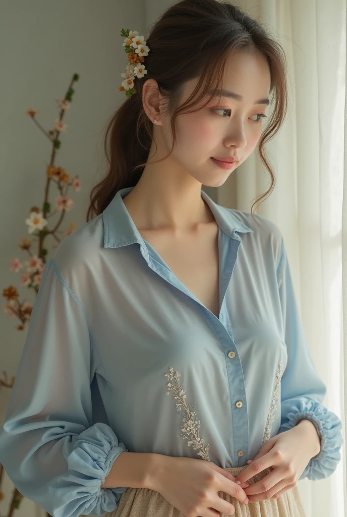 (shoulder-length straight short hair:1.3),(black hair:1.5),（Extremely meticulous CG 8k wallpaper），（Extremely refined and beautiful），（Masterpiece），（best qualtiy:1.0），（Ultra High Resolution:1.0），beautiful light up，Perfect lightning,realistic shaded，[A high resolution],(Smooth and flawless fair skin:1.5),Extremely exquisite facial details，ultra - detailed，A  girl，small head,(messy hair:1.2),dawn,dim light,Close Shot,at home,in bedroom,(sitting on bed:1.5),blue green background,(laughing:1.2),happy,from front，small face,（perfect body:1.1),small breasts，flat chest,slim,(white see through gauze pajama shirt:1.5),(femal orgasmic:1.5),(blush:1.3),(close-up of face:1.2)