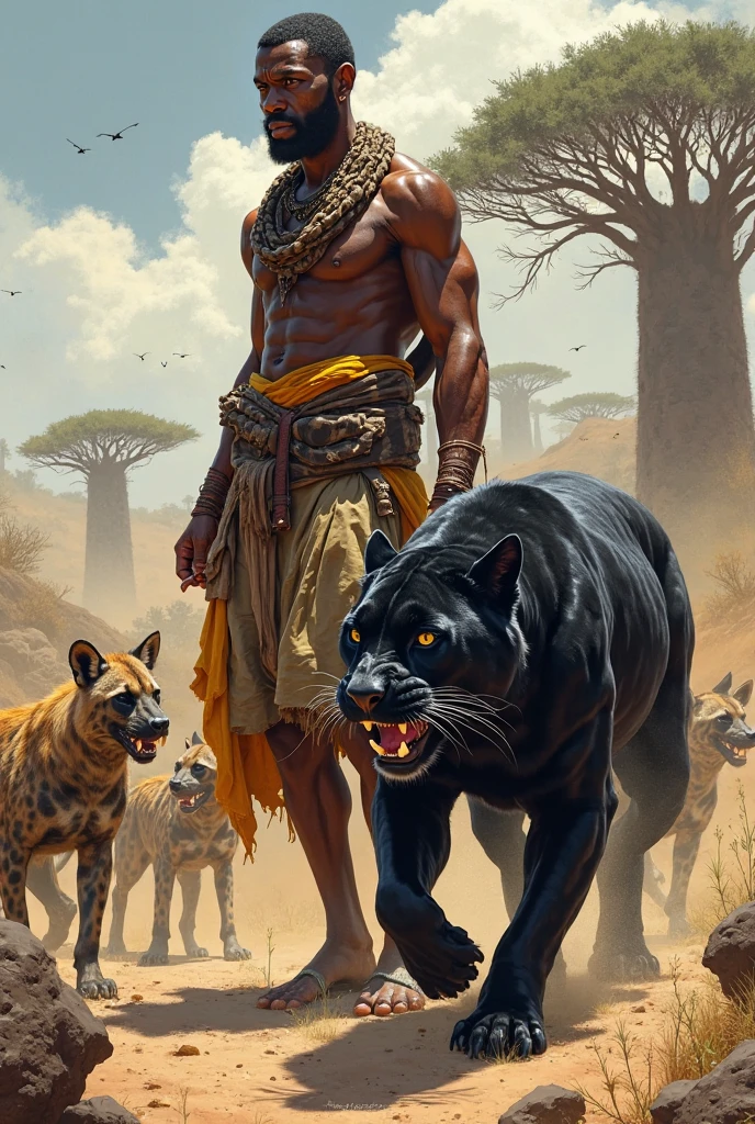 A muscular black cat with distinct feline features, dressed as a Zulu warrior with traditional armor made of hides and feathers, returning from a patrol in the African savanna. He walks with purpose, his spear and shield in hand, moving through the tall grasses and past acacia trees. The morning sun casts a golden light over the scene, creating long shadows and a sense of calm. Mnyama's eyes are alert and focused, ready to protect his village from any threats.