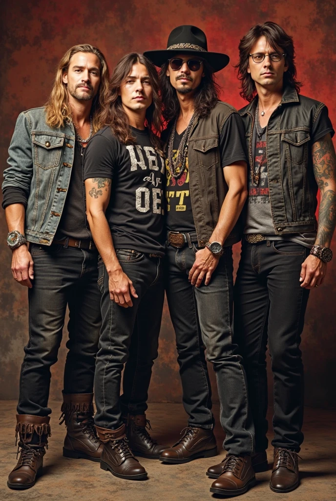 high-quality photo featuring Kirk Hammett, Lars Ulrich, Robert Trujillo and James Hetfield from Metallica with one hot girlstanding in a field. Each farmer should have a rugged, rock-and-roll appearance, with details like tattoos, leather gloves, and Metallica bandanas. Beside them, a stunning brunette woman poses confidently. She should be wearing a stylish yet casual outfit that complements the farmers, with her entire body visible in the shot. The background should be a some pub with beers