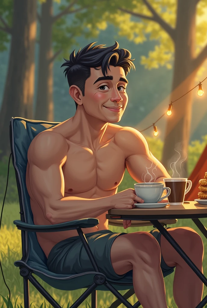 I want you to draw James Rodríguez wearing beachwear in the living room watching the fireplace and drinking coffee sitting on the floor in anime style..