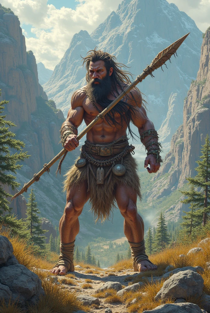 A strong man, primitive, wearing clothes made of animal skins, holding a cane and walking along a path towards a mountain. In front of you is the sunset
