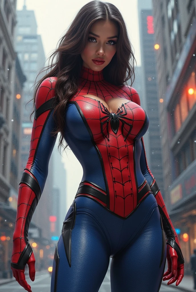 Adult Latina model Daisy Marie, topless, Sexy female dressed as Spider-Man, sexy with enormous tits, gorgeous face, beautiful, hourglass figure, highly detailed, masterpiece, 96k rendering, full moon in background, stars in sky, city lights, New York, nighttime, spider web, exsquisite MCU cinematic lighting, accurate real life face, perfect facial features, super long flowing brunette hair