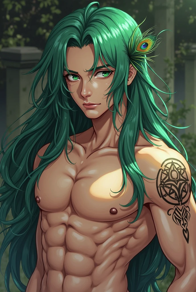 (hyper-realistic digital illustration), like a renaissance sculpture, hires, best quality, boy wearing micro black tiny thong, see-through black thong, , front view, lying on his back, holding legs raised, athletic body, (white skin), bare chest, flat chest,(long green blue hair scruffy ), sly expression, small waist, muscular.