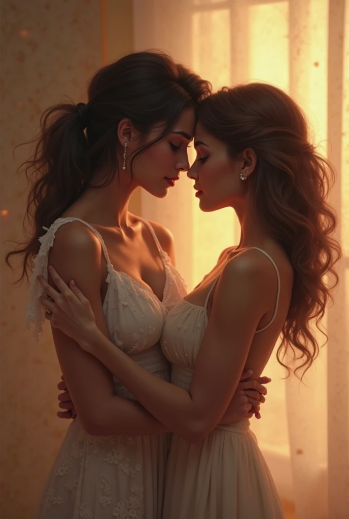 two girl kissing, see her ass,(bright lighting,romantic setting),dreamy background,bondage,dark hair, mesmerizing gaze, , soft skin, alluring beauty, artistic portrait, high-quality image, vibrant colors,translucent long silk gown, mosquito net,