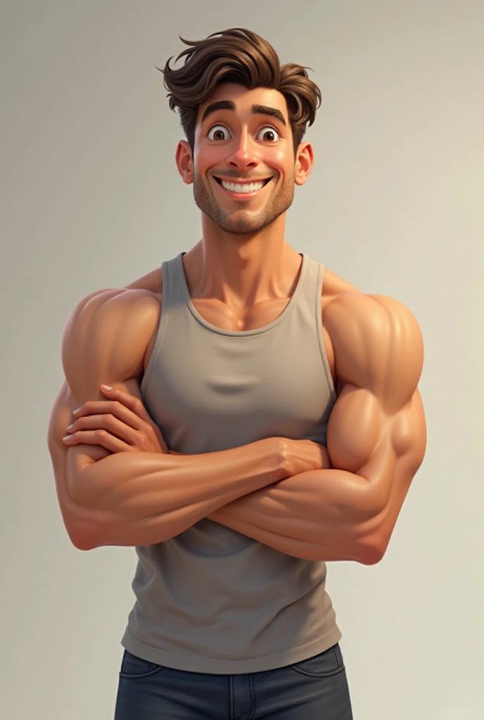 Caricature, handsome man, semi-realistic disney, neutral face, huge muscles, shirtless, muscles ,huge pectoral, hands behind his head, lying, white background