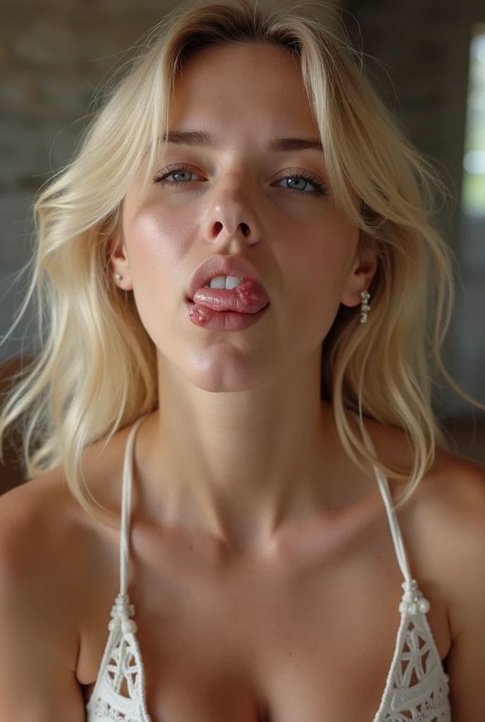 Hyperrealistic art Portrait of   young (Britney Spears:0.6)  ((ohwx woman)), blonde hair, wet, sweating, looking up off camera, brown eyes, showing tongue, kneeling on the floor, arms in front of body, large breasts, wearing laxex full body, POV from below.