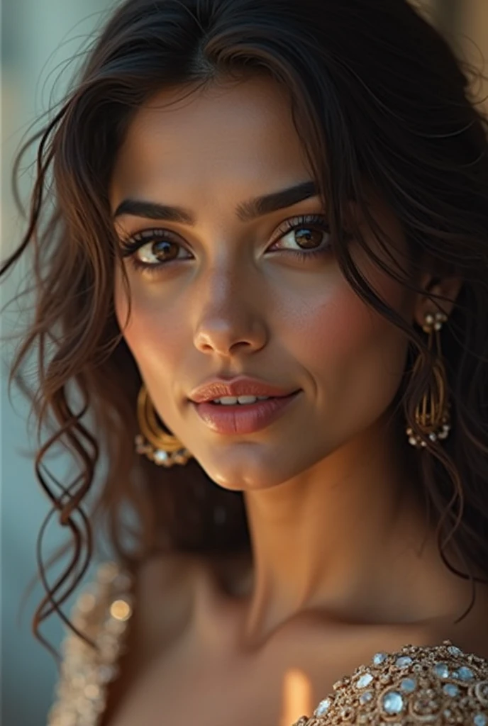 Generate a stunning bold female model with classic Indian features. She is 5’8” tall with fair, flawless skin and long, flowing black hair weight 60kg. Her eyes are large and expressive, with a warm brown color, framed by thick lashes. She has high cheekbones, a well-defined jawline, and full lips with a natural pink hue  that enhances her beauty, making her the focal point of the image standing confidently next to a newly launched black Mahindra Thar. 

