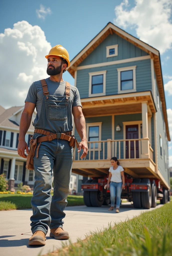 "A 50-year-old man in a construction uniform and his son standing next to him in front of a construction site where several buildings are being constructed."