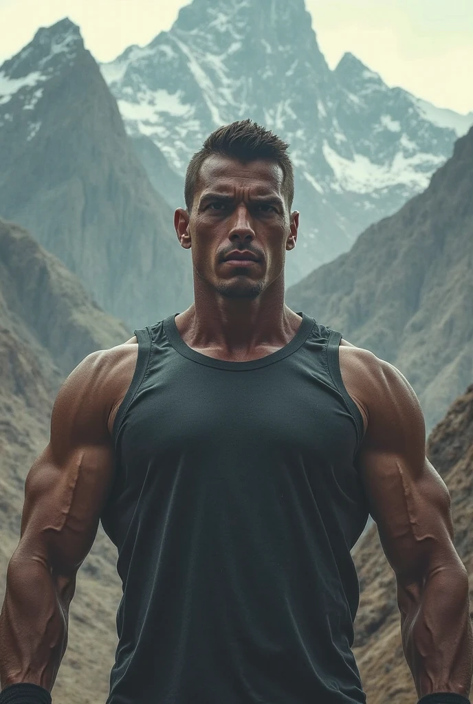 muscular man staring frontally with square jawline, sunset 4k scene, realistic, photorealistic, photo-realistic:1.37, best quality, 8k, ultra-detailed, extreme detail description, professional, vivid colors, dramatic lighting, cinematic, epic, dramatic, majestic, dramatic pose, muscular body, chiseled face, square jawline, intense gaze, sunset colors, warm lighting, detailed background, scenic landscape, dramatic sky, clouds, mountains, nature