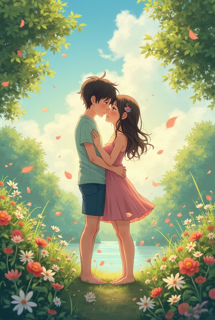 A girl and a boy hugging on the grass under the shade of a tree and making a heart with their hands