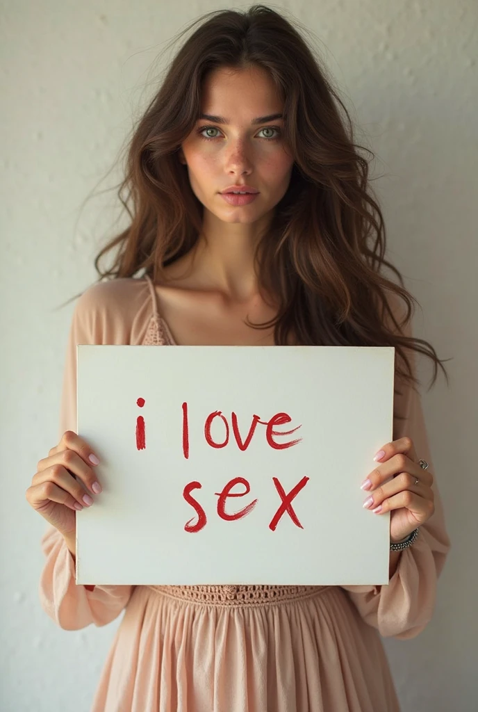 Beautiful girl with wavy long hair, and massive breasts , revealing red dress, holding a white board with text "I Love Sex" and showing it to the viewer